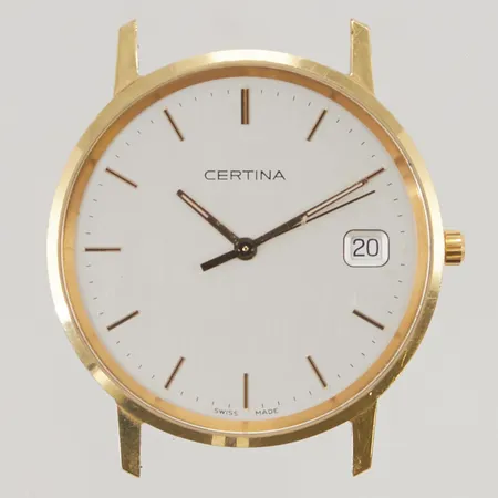 Herrur Certina 18K, 33,5mm, quartz, går ej, gravyr, bruttovikt 21,6g.