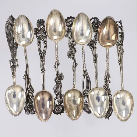 9 Kaffeskedar/mockaskedar Svenska Floran GEWE Malmö 1970-tal längd 10,2cm silver 830/1000 Vikt: 81,2 g