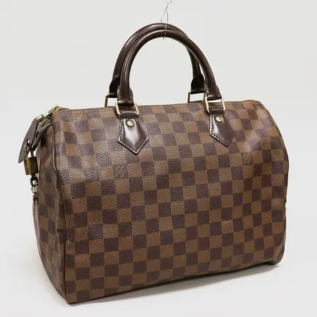 Väska Louis Vuitton Speedy 30, Damier Ebene canvas, made in France, rött innerfoder, beslag i gulmetall, ca 30x24x19cm, numrerad, små fläckar på foder, hänglås med nyckel, slitage på handtag, dustbag, ytterkartong.