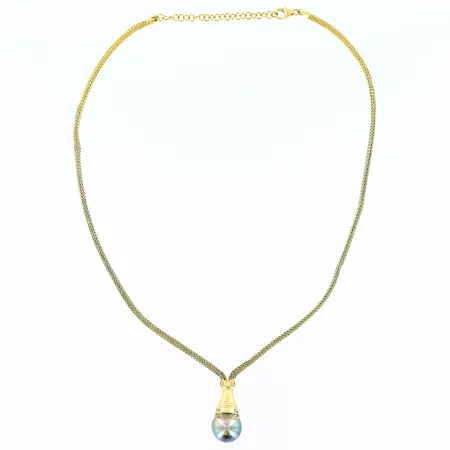 Collier, diamanter ca 0,01ct/st täckta i lim, pärla, justerbar storlek 37-42cm, defekt, 18K Vikt: 9 g