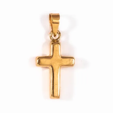 Hänge kors i 18K guld. Det är 22,7 mm långt inkl. ögla och väger 0,9g.