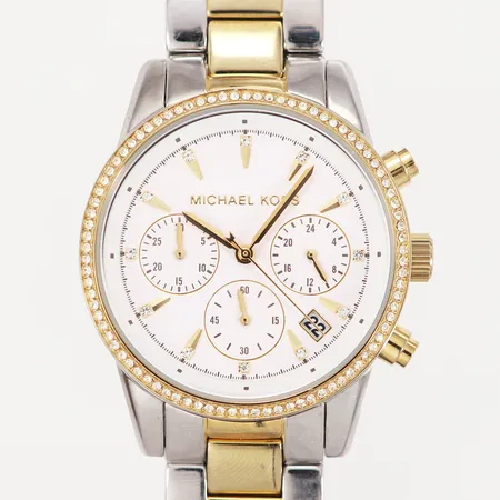 Armbandsur Michael Kors quartz kronograf vita stenar Ø38mm, MK-6474, serienr 112011, stål, gulmetall, mindre repa på glas, inga övriga tillbehör