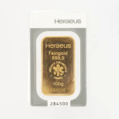 Guldtacka Heraeus, nr 284500, Feingold, bruten förpackning, 24K, 100gram Vikt: 100 g
