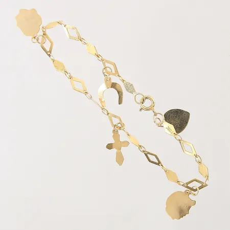 Armband med fem st integrerade berlocker, längd: 18,5cm, bredd; 4-9,3mm, något repig, felstämplad, 14K Vikt: 3,2 g