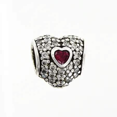 Berlock Pandora, hjärta, röd och vita stenar, 10x10mm, ALE, silver 925/1000. Vikt: 2 g