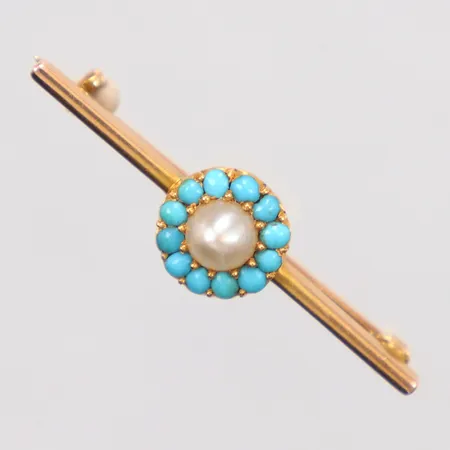 Brosch med turkos och pärla, längd 3,4cm, bredd 1,4-8,8mm, 14K. Vikt: 2,8 g