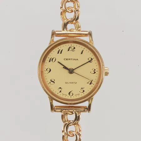 Damur Certina, 22mm, doublé, quartz, går ej, batteribyte krävs, bismarckslänk i 18K, ca 16,5cm, bruttovikt 22,2g.