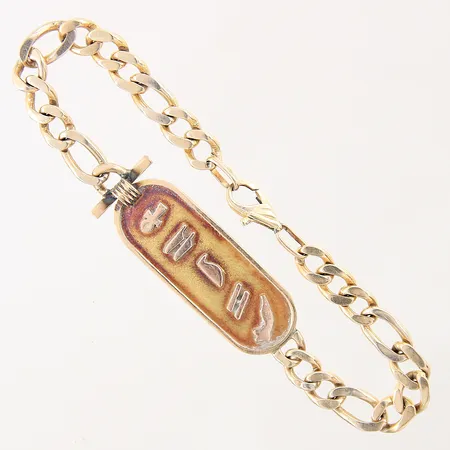 Armband med integrerad platta, längd: 20cm, bredd: 6,7-14,5mm, något slitna länkar, karbinhake lite trög, 18K Vikt: 0 g