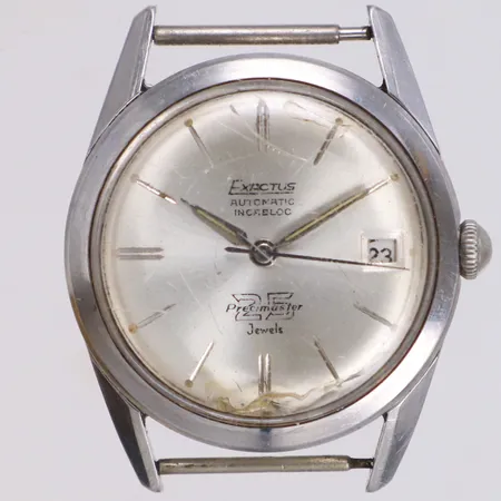 Armbandsur Exactus Precimaster, automat, stål, Ø34mm, spricka i plexiglas, band saknas, inga tillbehör