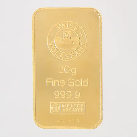 Guldtacka, Swiss Volksbank, Melter Assayer, fine gold 999,9, serie-nr: 06671, 40X23mm 24K Vikt: 20 g
