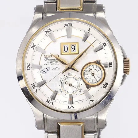 Armbandsur, Seiko, Premier Kinetic Perpetual, Ø40mm, quartz, datum, månad, stål, 7D48-0AA0, serienummer: 685149, stållänk, viklås, repig, inga tillbehör, behov av batteribyte