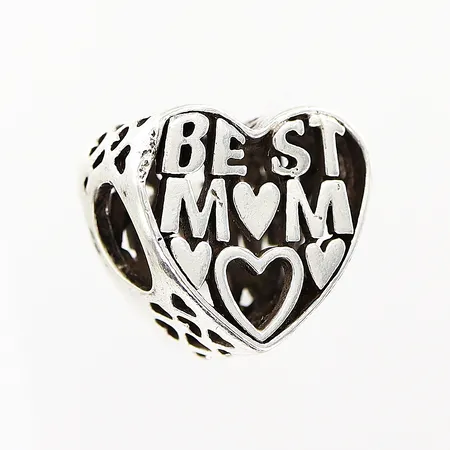 Berlock Pandora hjärta med text: Best Mum, slitage/buckla, 10x10mm, P2, ALE silver 925/1000 Vikt: 1,7 g