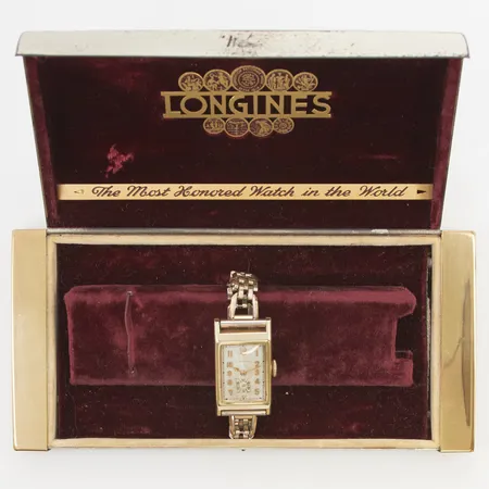 Armbandsur Longines "Tank" 14K, Art Deco, 19x36mm, boettnr:2013377, Cal. 25.17 (9L), verknr:5600850, ca 1930-tal, gravyr, länk i oädel metall, originaletui.