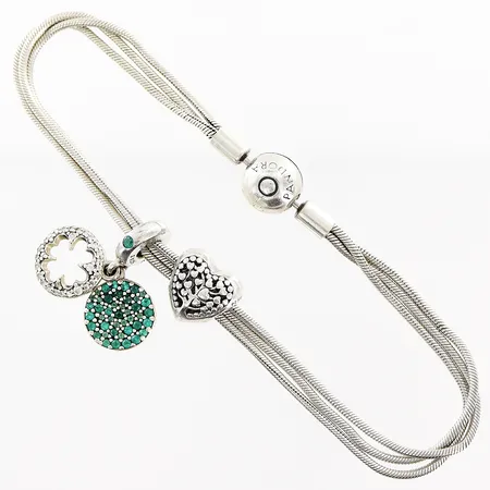 Armband Pandora, 20,5cm, treradigt, bredd 3,5mm, kullås, 2 berlocker, ALE, etui, silver 925/1000 Vikt: 17,2 g