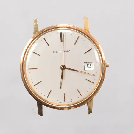 Herrur Certina quarts går ej, defekt glas, gravyr, saknas armband och krona, Ø33,5mm, datum, 14k Vikt: 0 g