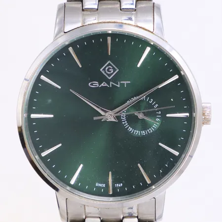 Herrur Gant, stål, quartz, 41,5mm, refnr G1050, serienr 26000065, grön urtavla, datum, stållänk ca 18cm, smärre repor på länk, inga tillbehör.