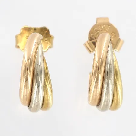 Ett par örhängen, trefärgade, 18mm, olika modeller på stoppar, 18K Vikt: 2,6 g
