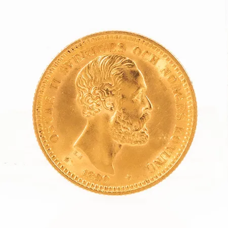 Mynt OSCAR II SVERIGES OCH NORGES KONUNG 1890/ 20 KRONOR i 21,6K guld. 9,0g. Ø 23 mm. 