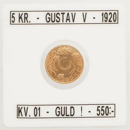 Mynt, 5 kronor, Gustav V, Sveriges Konung, bruten plombering, 21,6K Vikt: 2,2 g