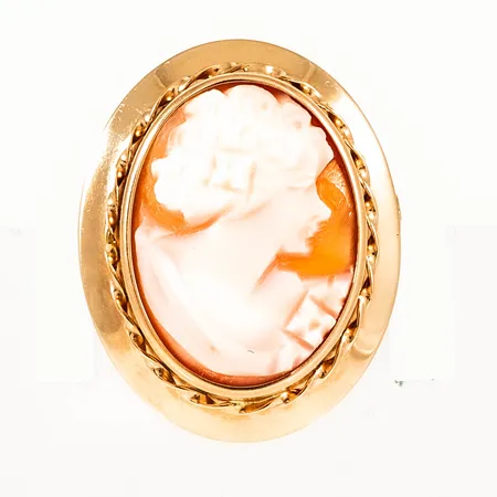 Camébrosch / hänge i 18K guld. Det är 20,5 mm brett, 25,5 mm långt exkl. ögla och väger 3,6g.