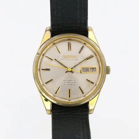 Herrur Citizen Crystalseven Ø36mm, automatisk, 4-521391-K, serie-nr: 00300486, nr:61-5404, stål med sliten förgyllning, hack, repor i glas, datum/dagfönster, skinnband