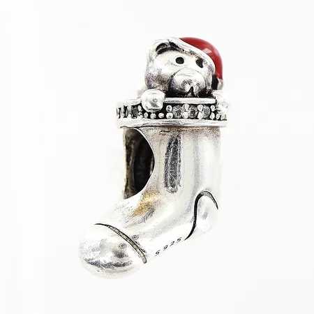 Berlock Pandora, julstrumpa med nalle, röd emalj och vita stenar, 16x9mm, ALE, silver 925/1000 Vikt: 4,1 g