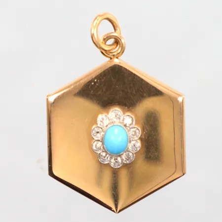 Fotogömma med turkos och diamanter 10 x ca 0,04ct, längd 4cm, bredd 2,7cm, 18K. Vikt: 18,9 g