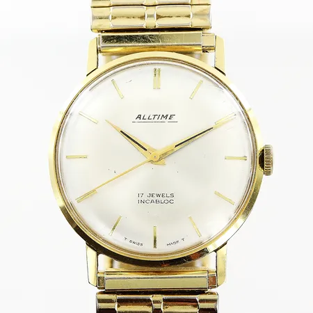 Herrur Alltime, 18K, manuell, Ø33mm, repor på glas, flexlänk, inga tillbehör.