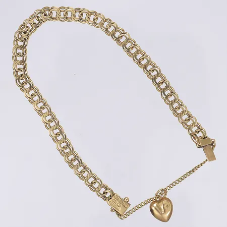 Armband Bismarck med berlock hjärta, 19,5cm, bredd 6mm, bruksslitage, bucklig berlock, berlock sitter i säkerhetskedja så hänger ca 4cm från handleden, 18K Vikt: 13,6 g