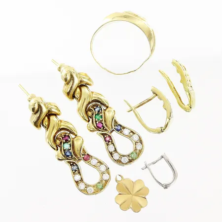 Diverse guld, defekter, stenar, 14K. Vikt: 18,8 g