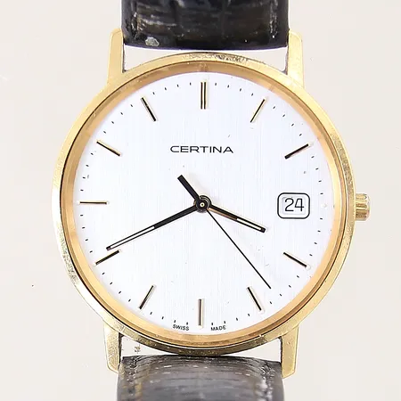 Herrur Certina, 18K, quartz, ref-nr: EOL 158.9289.68, datum, läderarmband, mineralglas, går ej, gravyr, lös mineralglas, inga tillbehör, bruttovikt: 30,1g
