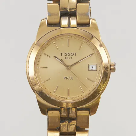 Herrur Tissot PR50 36mm, stål, quartz, sliten förgyllning, går ej, batteribyte krävs, ej funktionstestad.