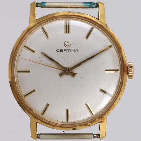 Herrur Certina 18K, manuell, 34mm, boettnr 234317, gravyr, repigt plexiglas, skadad urtavla, armband saknas, bruttovikt 25,6g, inga tillbehör.