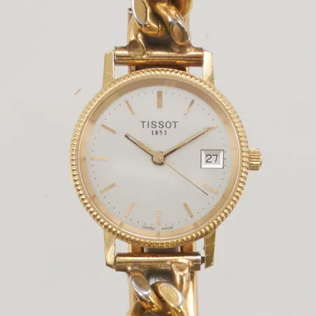 Damur Tissot 18K, 24mm, quartz, går ej, batteribyte krävs, graverad "För nit och redlighet i rikets tjänst", band i doublé.