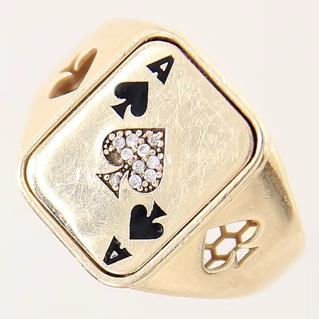 Klackring med diamanter 10 x ca 0,005ct samt svarta detaljer, stl 18½, bredd 3-16,5mm, en diamant saknas, 14K Vikt: 9 g