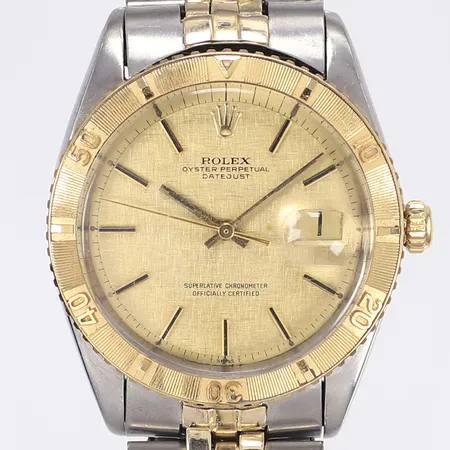 Herrur Rolex Oyster Perpetual Datejust Turn-O-Graph "Thunderbird", Ø36mm, automat, datum, guld/stål, vridring, ref 1625, serienummer 2687268, tillv. 1971, bruksslitage, troligen polerad, några repor på plexiglas, med jubilee-länk "Hecho en Mexico, stål/14K, armband mycket slitet, några buckliga länkbitar, bandstift behöver bytas, längd ca 13,5cm