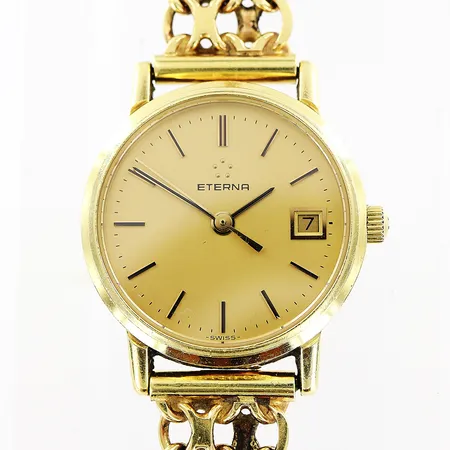 Damur Eterna, 18K, quartz, Ø22mm, datum, sekundvisare, länk i X-länksmodell 18K, 18,5cm, i behov av batteribyte, bruttovikt 25,9g, inga tillbehör.