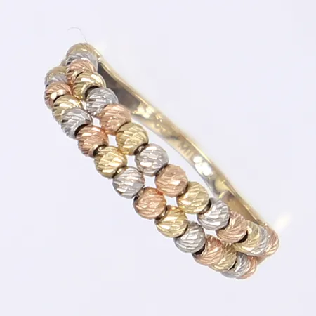 Ring med kulor, trefärgad, stl 18, bredd 1,5-5mm, 14K Vikt: 2,4 g