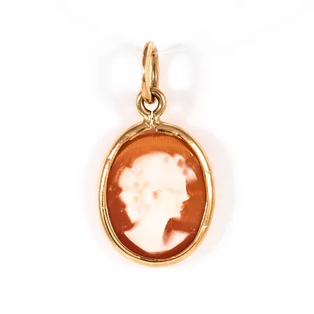 Caméhänge i 18K guld. Det är 10 mm brett, 19 mm långt inkl. ögla och väger 0,7g.