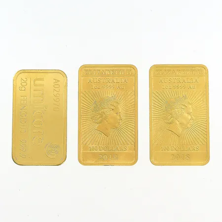 2 guldtackor Elisabeth II 2018, Australia 1oz 9999 Au, 1 guldtacka Umicore A029970, 999,9/1000. Vikt: 82,2 g