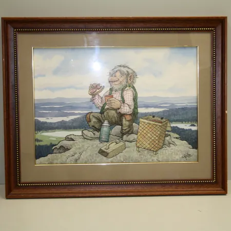 Tavla av Rolf Lidberg i akvarell, signerad, daterad 1993, ram 59x74cm, bildmått 38x54cm, på tavlans baksida finns en tusch ritad bild, syrafri inramning. Skickas med postpaket.