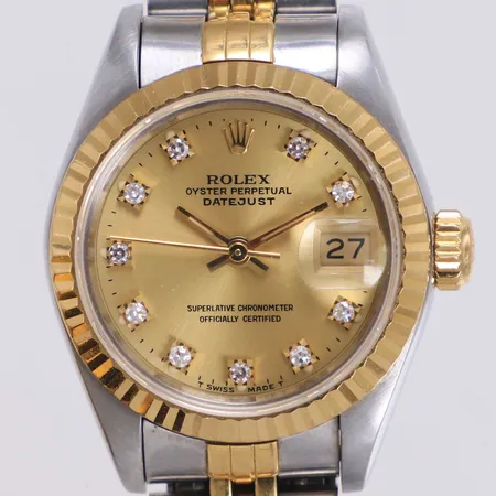 Damur Rolex Datejust, stål/guld, automatisk, 26mm, refnr 69173, serienr L352505, ca 1989, boettnr 69000A, Cal. 2135, verknr 1194005, diamantindex, datum (återställer ej korrekt), jubileelänk stål/guld ca 15cm, ref: 62523 D.18 N 8, repa och nagg på glas, repig länk, lås och boett, inga tillbehör
