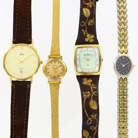 Damur Skagen 27x30mm, pärlemortavla med stenar, 2 damur Certina 18,28mm, stål/gulmetall, Herrur Inex Ø36mm, stål gulmetall, batteribyte krävs på samtliga