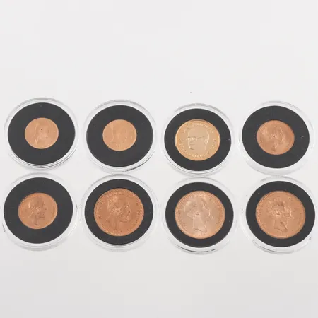 Guldmynt 8 st,20-krona 1877,20-krona 1887,20-krona 1881,10-krona 1874,10-krona 1873,1000 krona 1998,5-krona 1920,5-krona 1920,mahognyetui,21.6 k,totalvikt ca 46 gram Vikt: 46 g