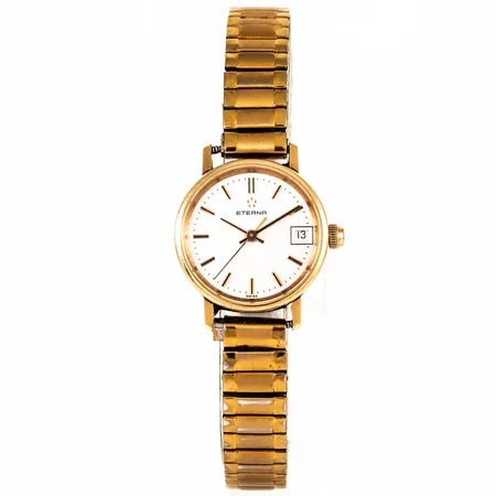 Damur Eterna i 18K guld med doubléflexiband. Boett Ø 22 mm. Safirglas. Quartz- går ej- batteribyte krävs?