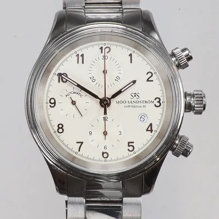 Herrur Sjö Sandström, Automatisk, Ø42mm, datum, stållänk, safirglas, ref nr. SS-1442-1, bruksslitage, graverad boett, inga tillbehör 