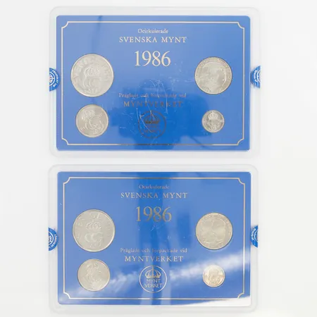 2 Ocirkulerade svenska mynt 1986, etuier.