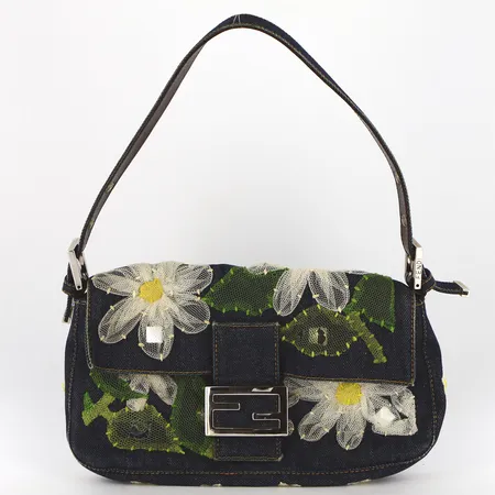 Väska Fendi, ,Double Baguette Blue Denim, slitage/trasig brodyr, fläckigt foder, inga tillbehör medföljer