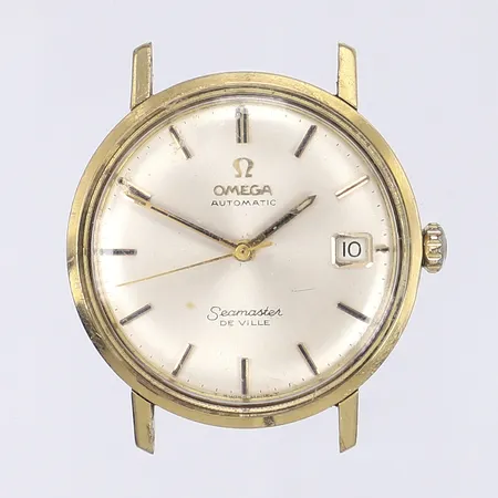 Herrur Omega Seamaster De Ville, Ø34,5mm, automat, datum, guld på stål, monocoque, fläckig urtavla, repigt glas, ärgad metall, sliten boett, går ej akut servicebehov, reparationsobjekt