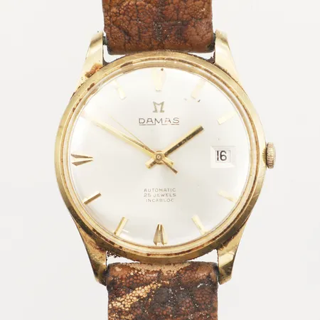 Armbandsur Damas, 18K, Ø34mm, automat, defekt, går ej, repigt plexiglas, trasigt läderar,band, inga övriga tillbehör